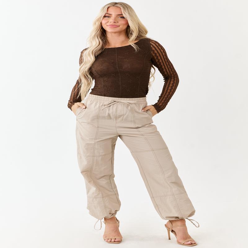 Almond Contrast Stitch Wide Leg Drawstring Pants