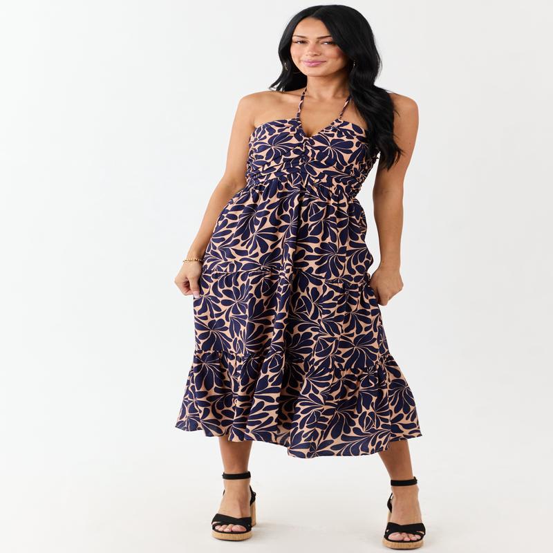 Apricot Botanical Abstract Print Halter Maxi Dress