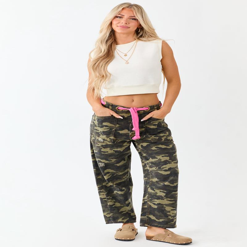 Army Green Camo Drawstring Waist Wide Leg Denim Pants