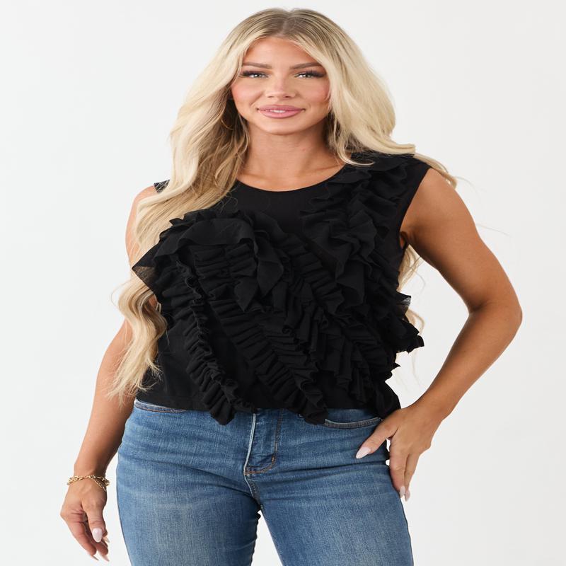 Black Asymmetrical Ruffled Tank Top