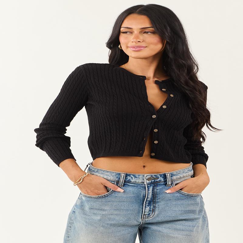 Black Button Down Cable Knit Cardigan