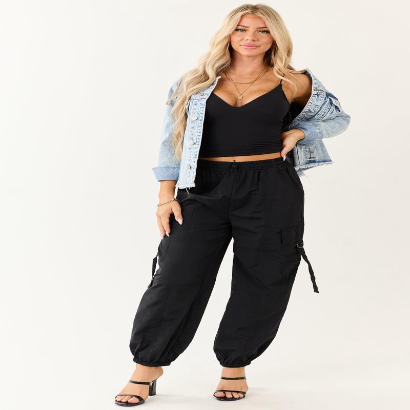 Black Drawstring Waistband Cargo Jogger Pants