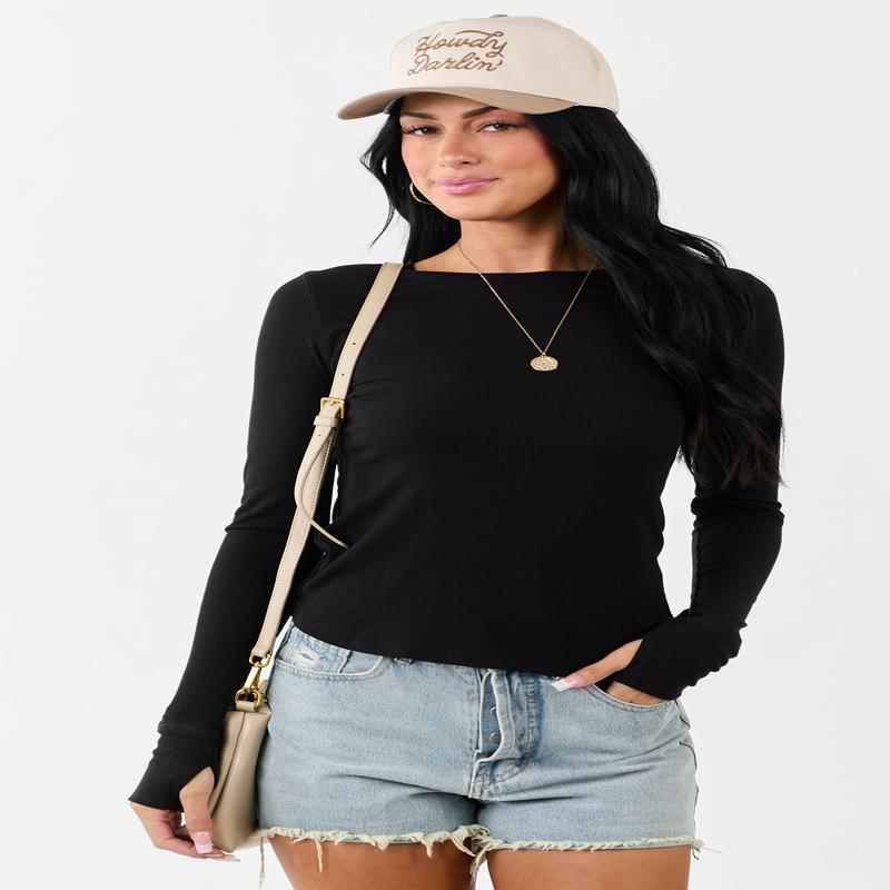 Black Rib Knit Round Neck Long Sleeve Top