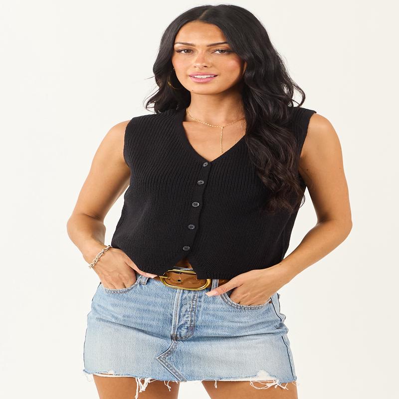 Black Ribbed Knit Cropped Button Up Sweater Vest