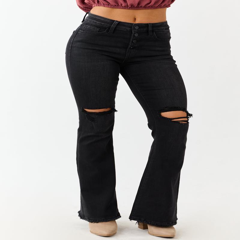 Black Washed Distressed Stretchy Tall Flare Jeans