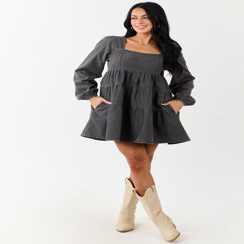 Charcoal Long Puff Sleeve Tiered Denim Mini Dress