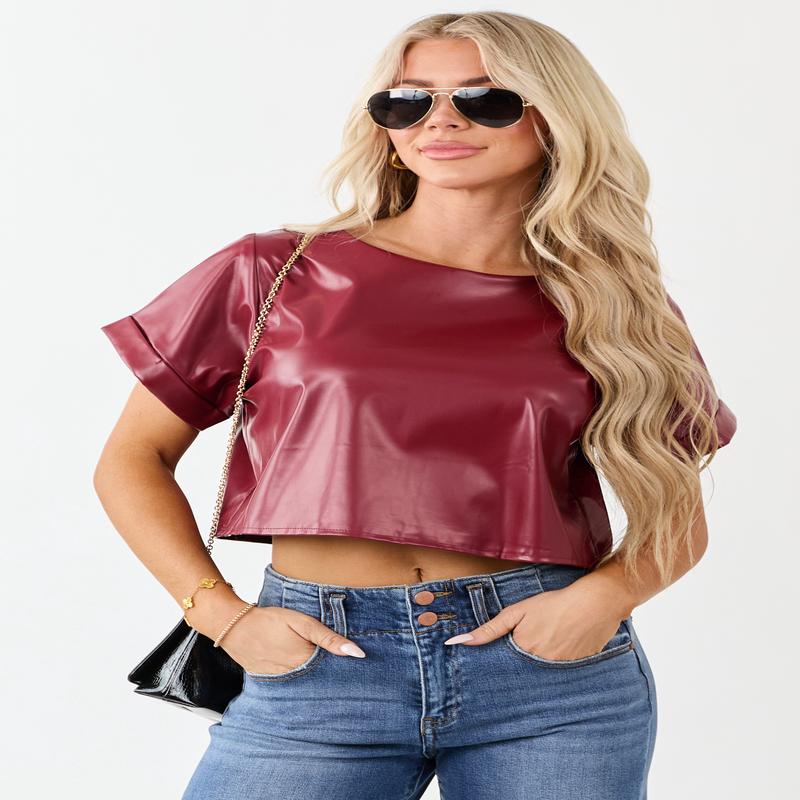 Cherry Faux Leather Boxy Fit Crop Top