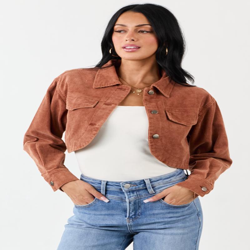 Chestnut Washed Corduroy Button Down Crop Jacket