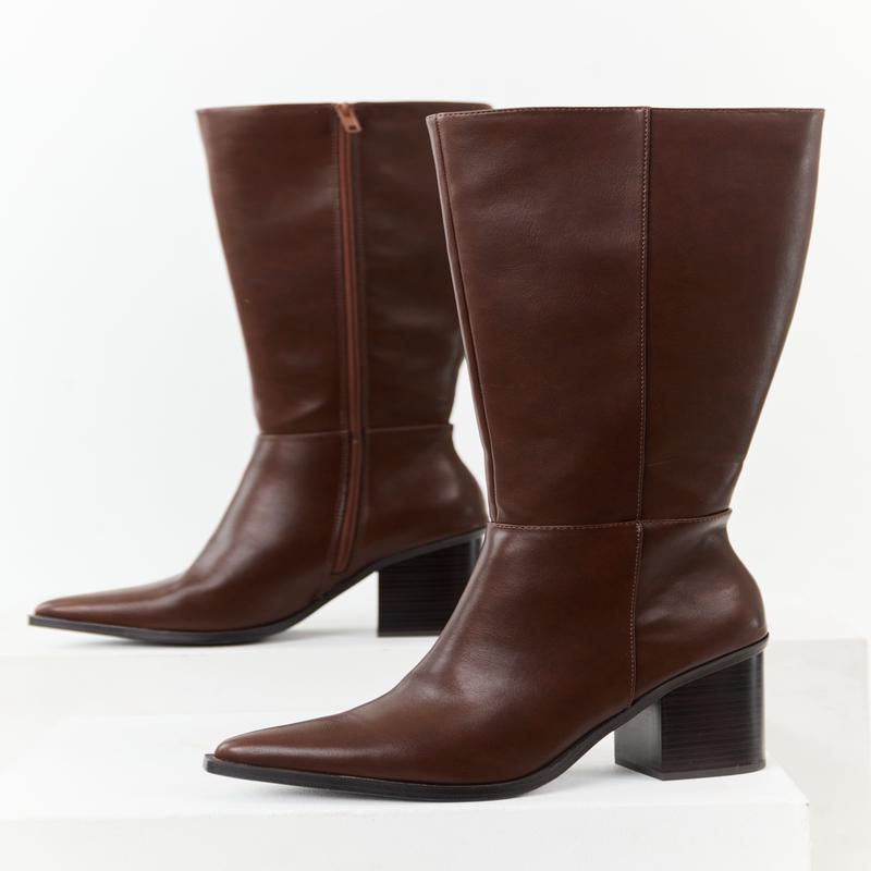 Chocolate Faux Leather Pointed Toe Tall Boots