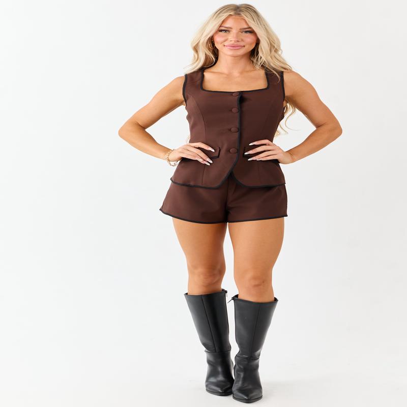 Cocoa Buttoned Vest Style Contrast Trim Romper
