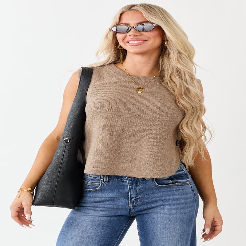 Coffee Button Detail Knit Sweater Tank Top