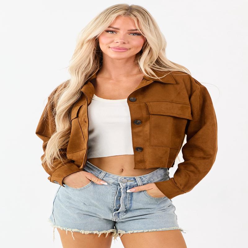 Cognac Faux Suede Button Down Collared Jacket