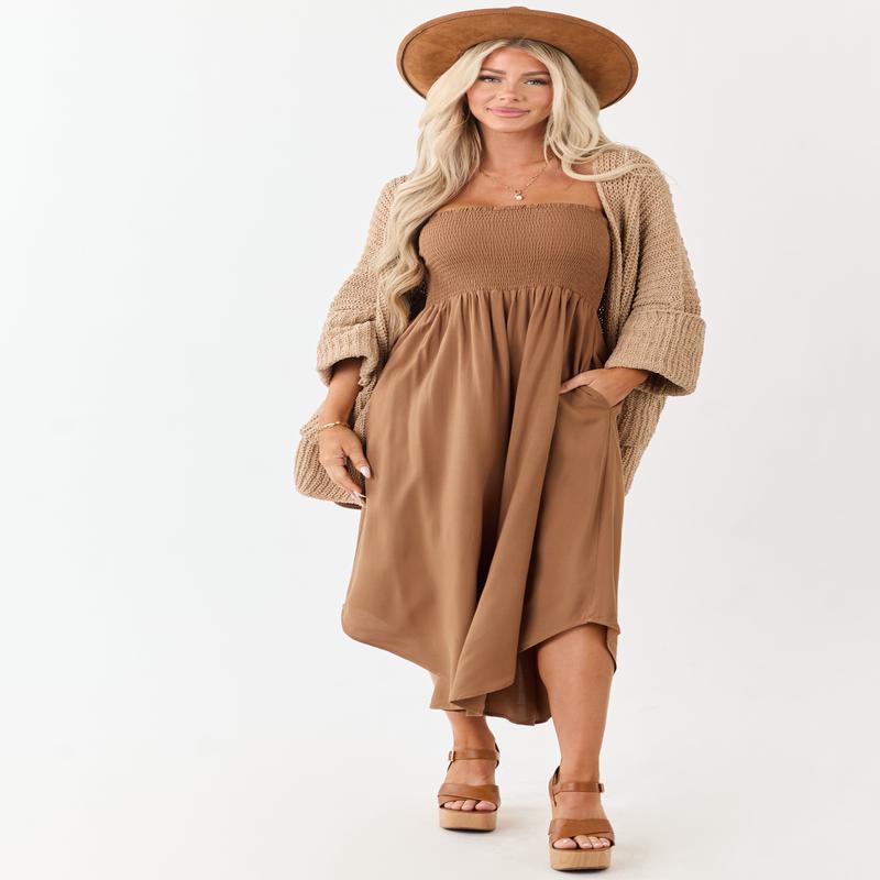 Cognac Smocked Bodice Strapless Wide Leg Jumpsuit