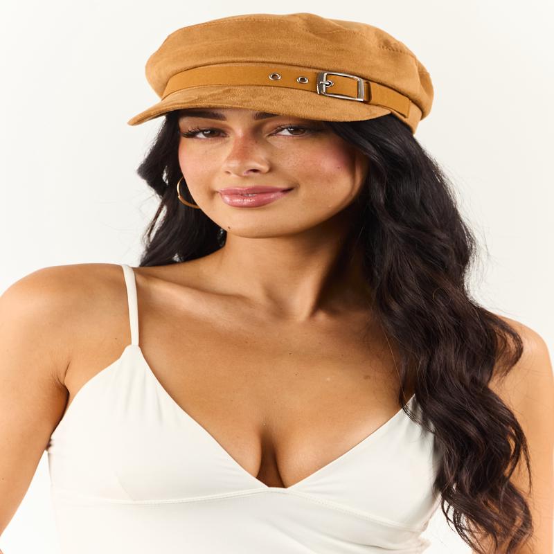 Copper Faux Suede Belt Accent Beret Hat