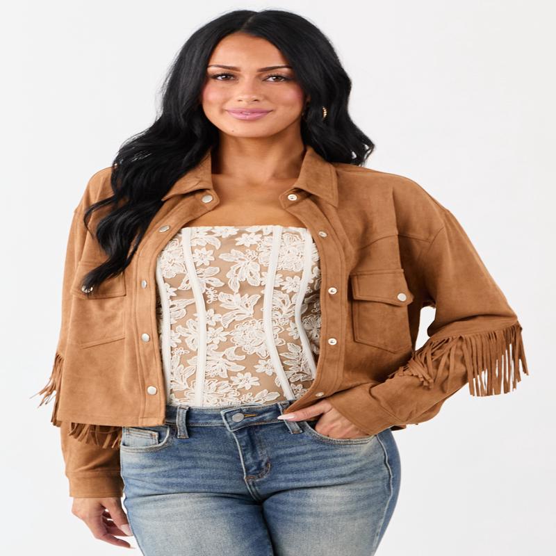 Copper Faux Suede Collared Fringe Jacket