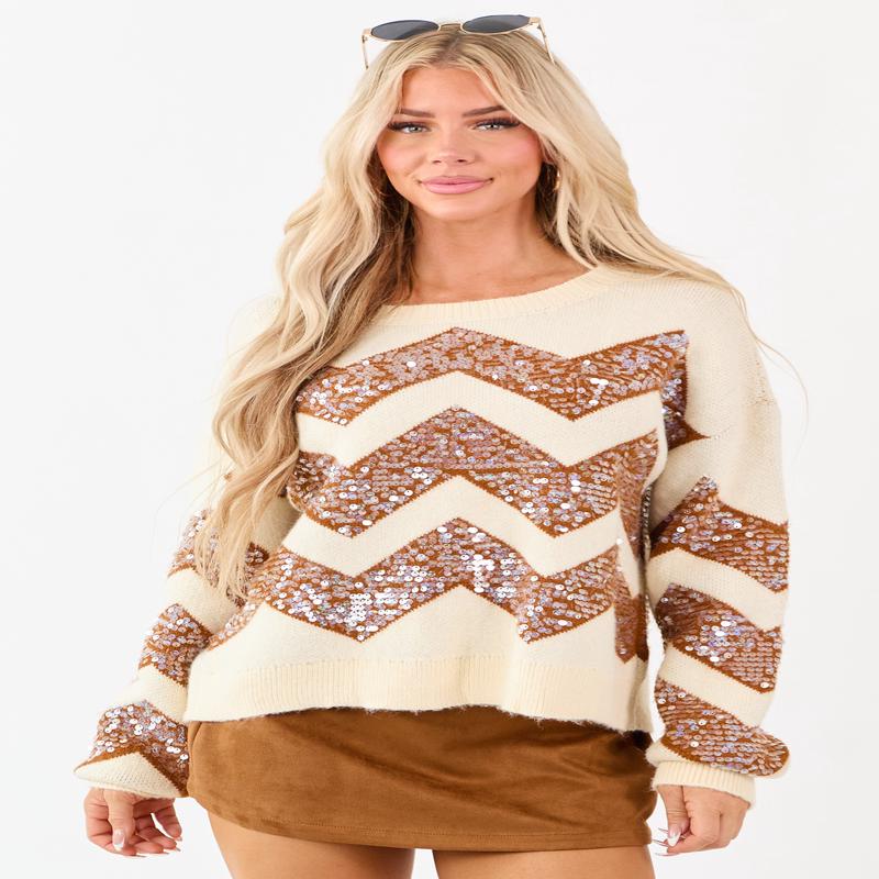Cream and Sepia Chevron Sequined Knit Sweater