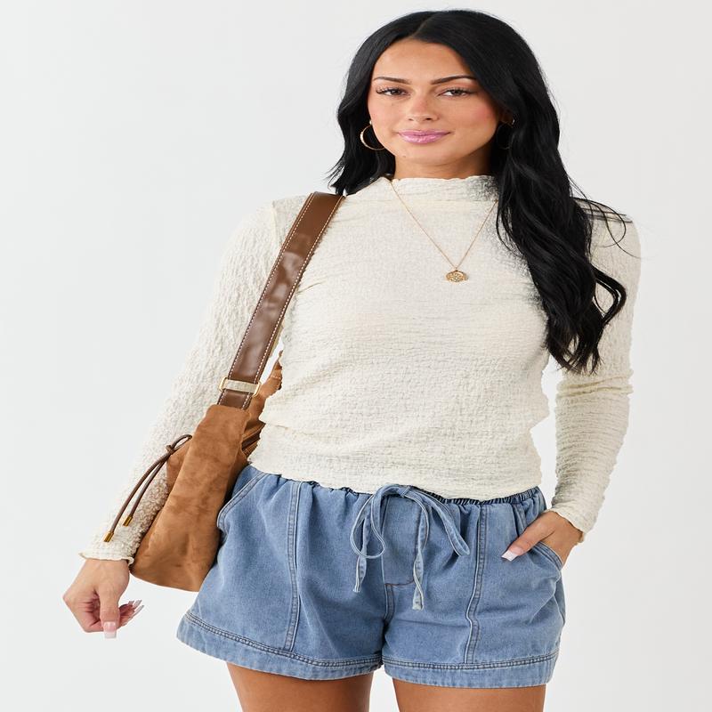 Cream Crinkle Textured Mock Neck Long Sleeve Top