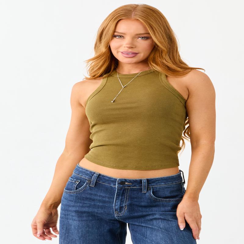 Dark Olive Distressed Trim Knit Tank Top
