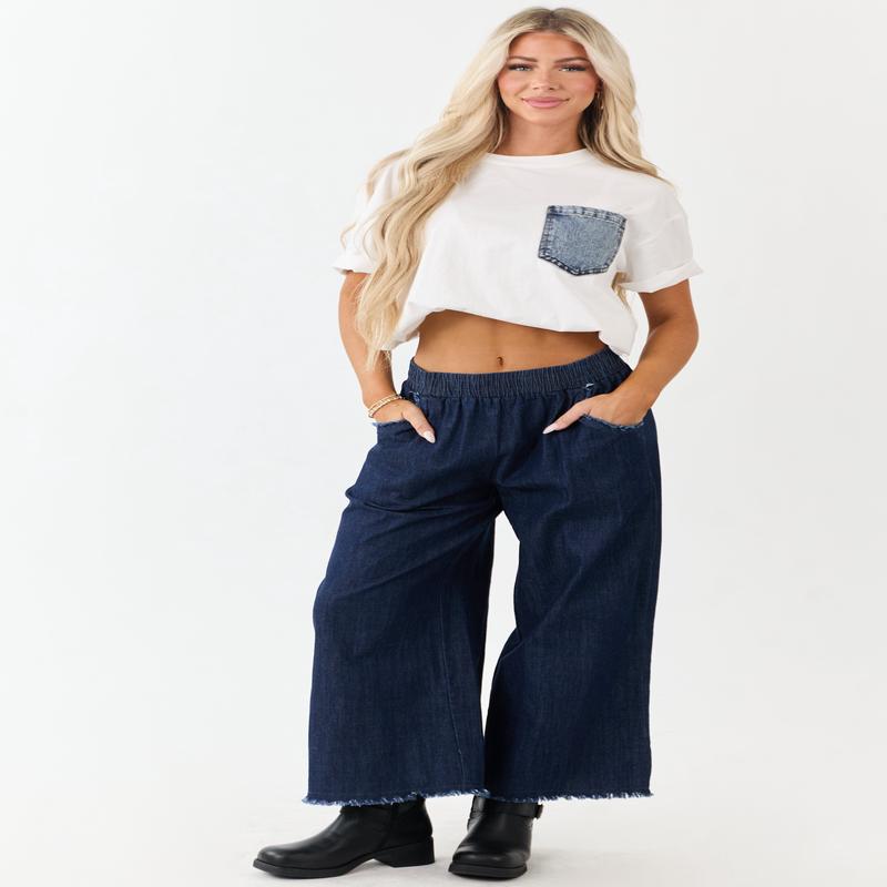 Dark Wash Wide Leg Cropped Chambray Pants