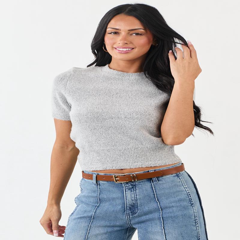 Dove Grey Short Sleeve Mid Length Knit Sweater Top
