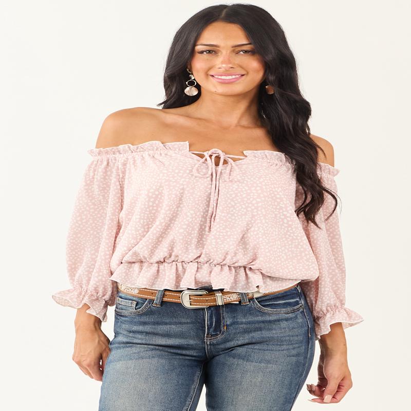 Dusty Blush Pebble Print Off Shoulder Crop Top