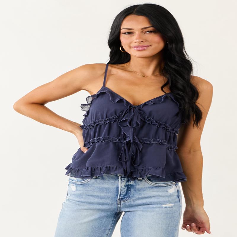 Dusty Navy Front Tie Ruffle Cami Top