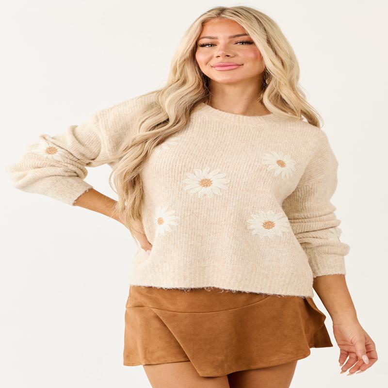 Entro Almond Daisy Embroidery Wool Blend Sweater
