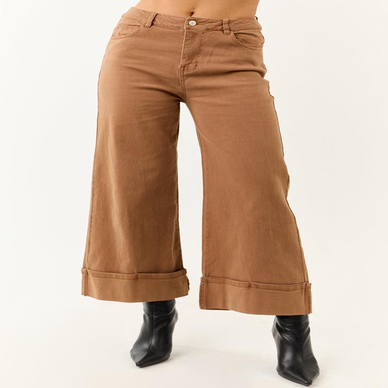 Entro Brown Sugar Cuffed Wide Leg Stretchy Jeans