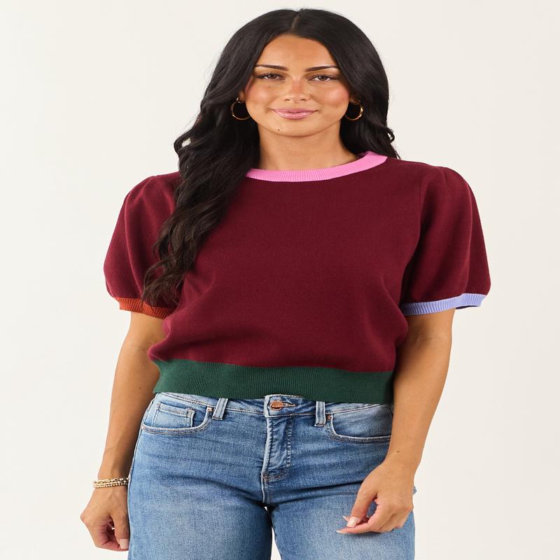 Entro Burgundy Colorblock Puff Sleeve Sweater Top