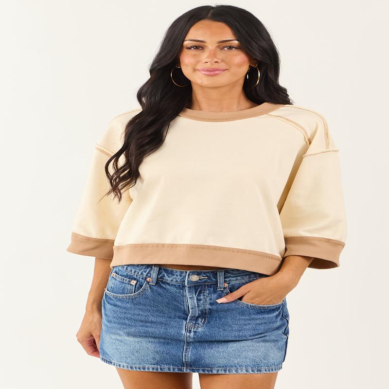 Entro Cream Contrast Trim Half Sleeve Knit Top