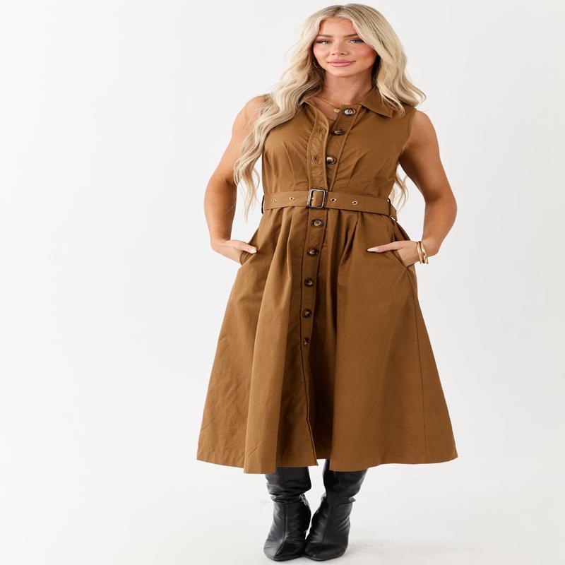 Entro Deep Caramel Button Down Cotton Midi Dress