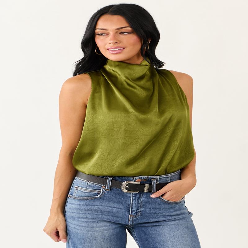 Entro Rich Olive Halter Neck Satin Tank Top