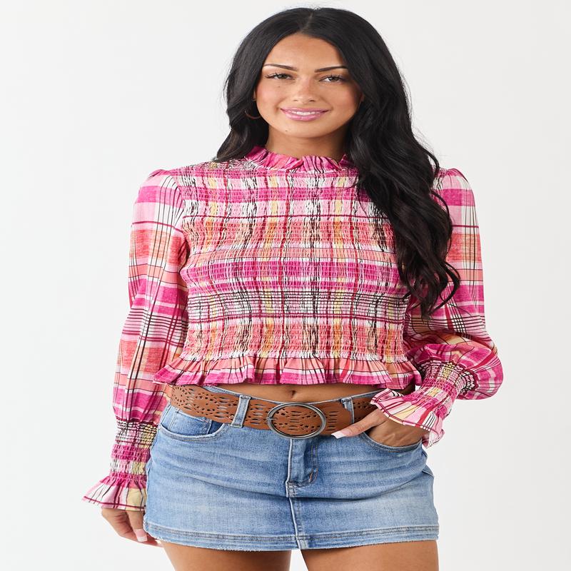 Fuchsia Plaid Smocked Long Sleeve Cotton Top