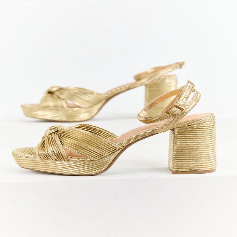 Gold Metallic Ribbed Knot Strap Platform Block Heels