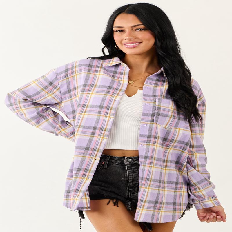 Iris Plaid Button Down Relaxed Long Sleeve Top