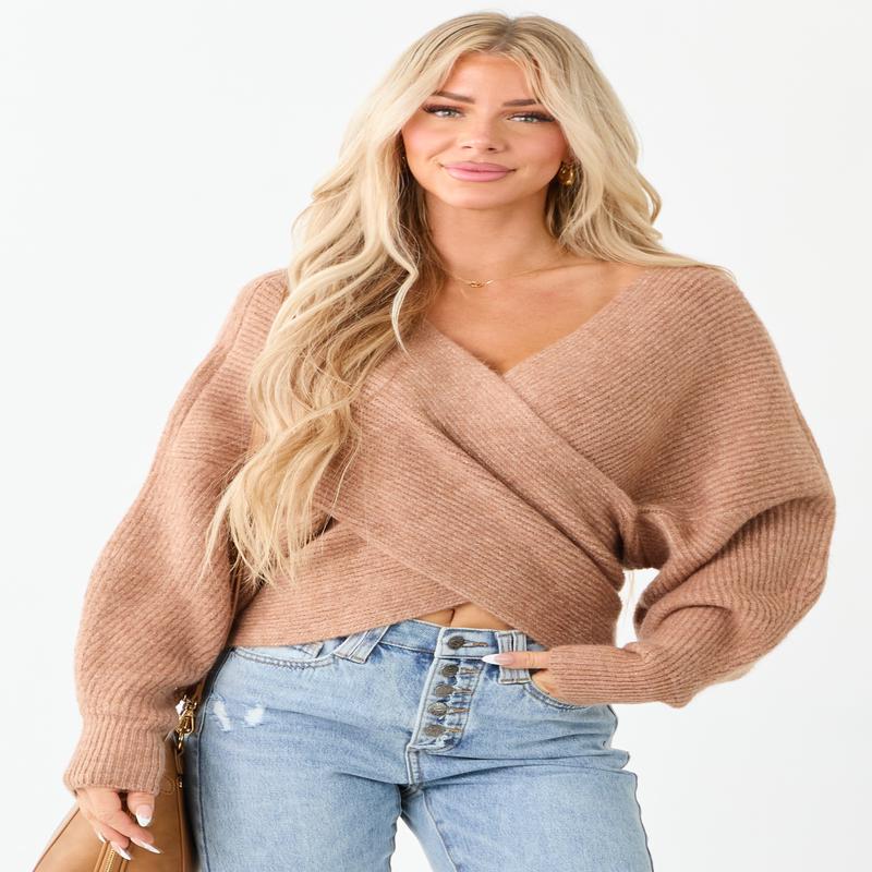 Latte Crossover V Neck Puff Sleeve Sweater