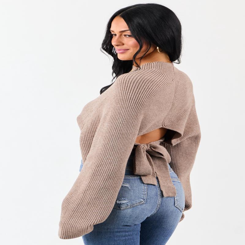 Latte Mock Neck Back Cut Out Ribbed Sweater