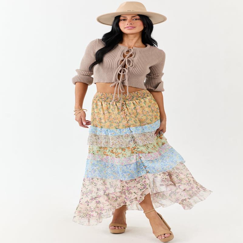 Lemon Multiprint Floral Ruffle Chiffon Maxi Skirt