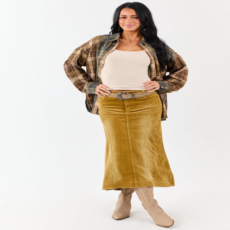 Light Copper Washed Corduroy High Low Midi Skirt