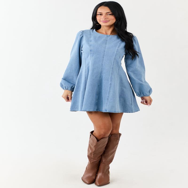 Light Mineral Wash Denim Long Sleeve Mini Dress