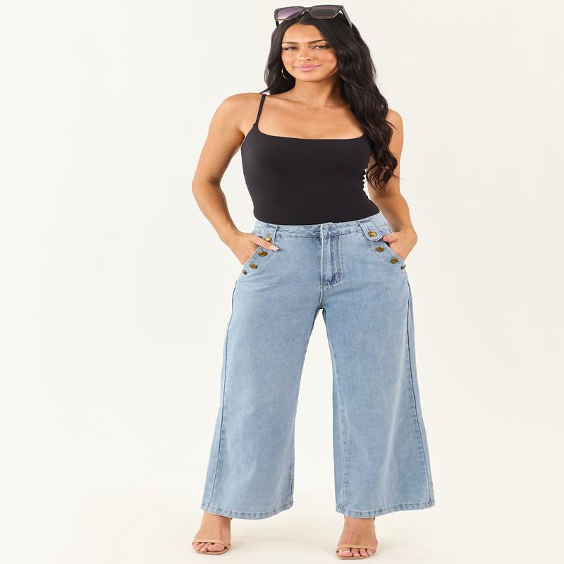 Light Wash Wide Leg High Rise Gold Button Jeans