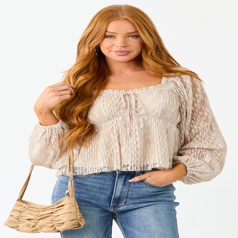 Listicle Almond Floral Lace Long Sleeve Babydoll Top