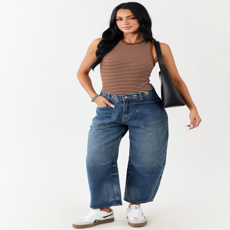 Medium Vintage Wash High Rise Drawstring Barrel Jeans