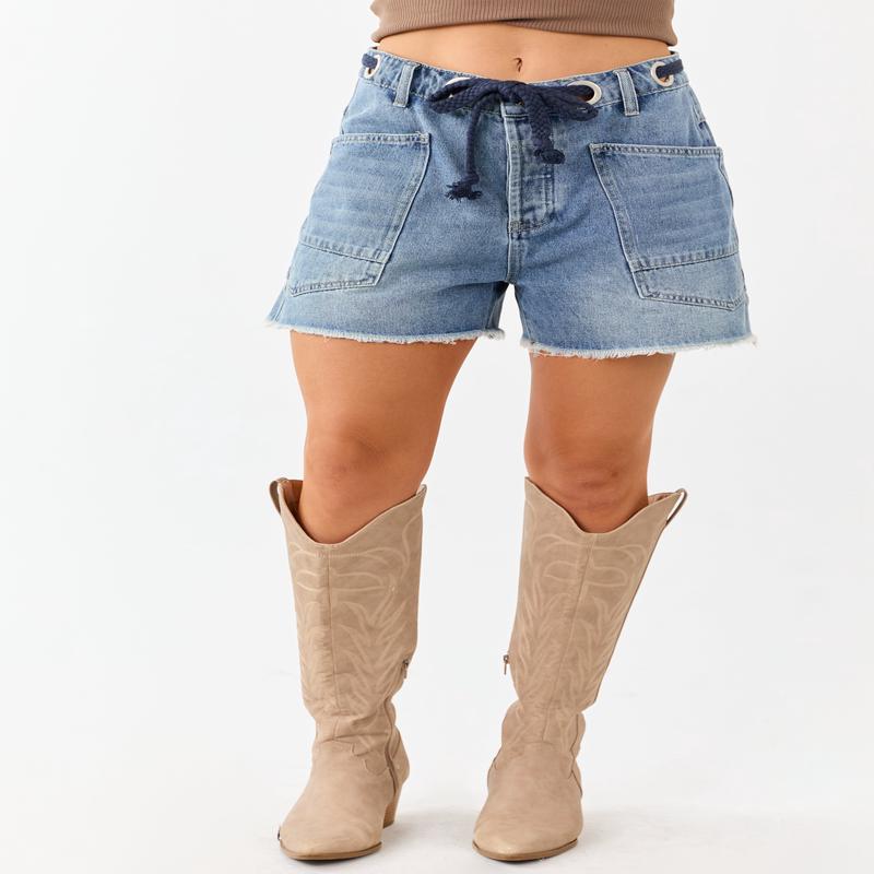Medium Wash Braided Drawstring Denim Shorts