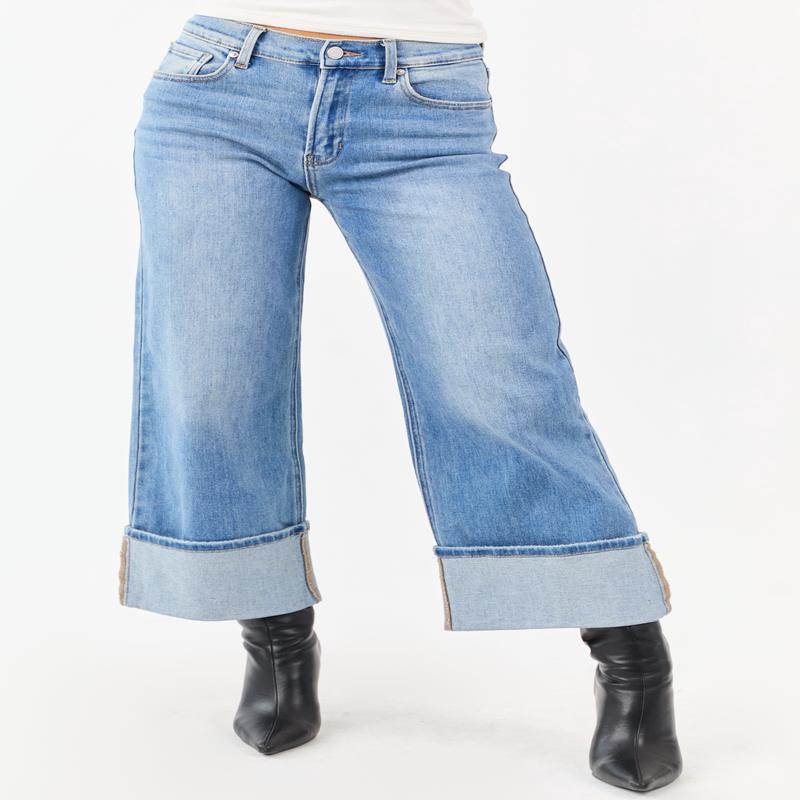 Medium Wash Cuffed Wide Leg Stretchy Crop Jeans