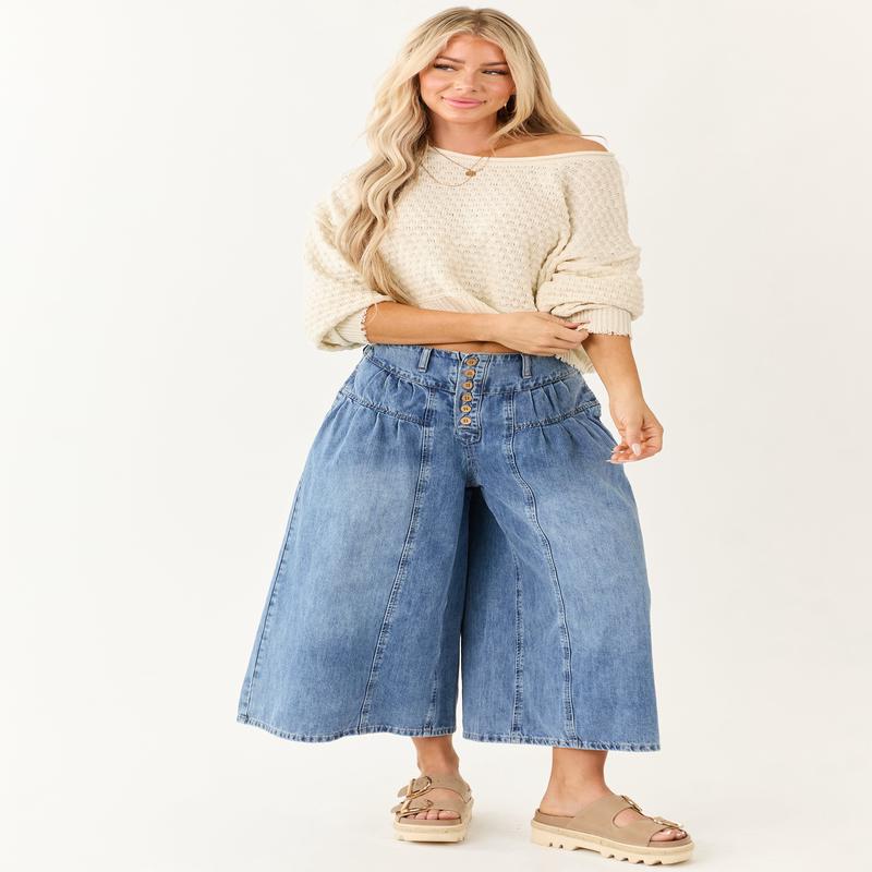 Medium Wash High Rise Cropped Wide Leg Denim Pants