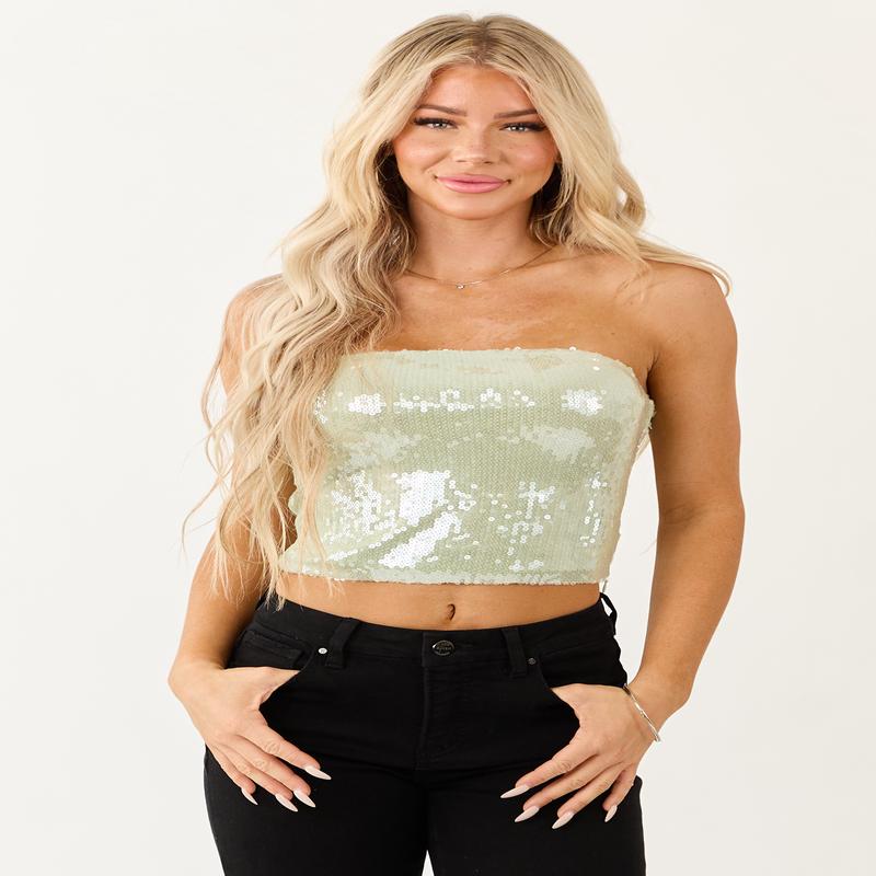 Mint Sequin Cropped Stretchy Bandeau Top