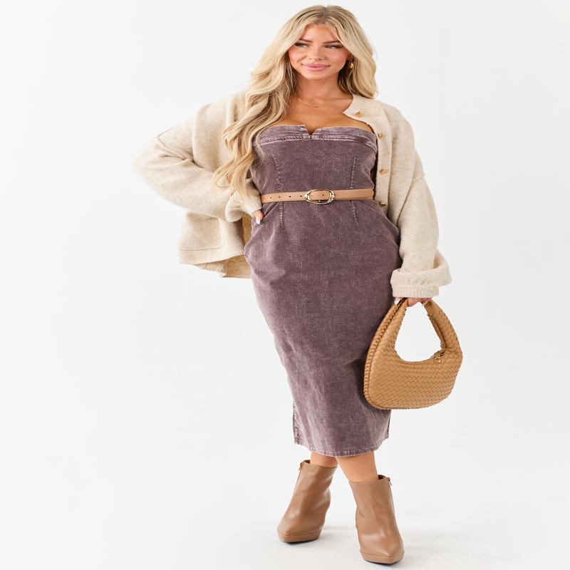 Mocha Strapless Mineral Washed Corduroy Midi Dress