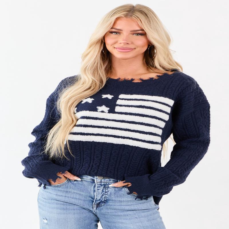 Navy American Flag Graphic Shredded Trim Sweater
