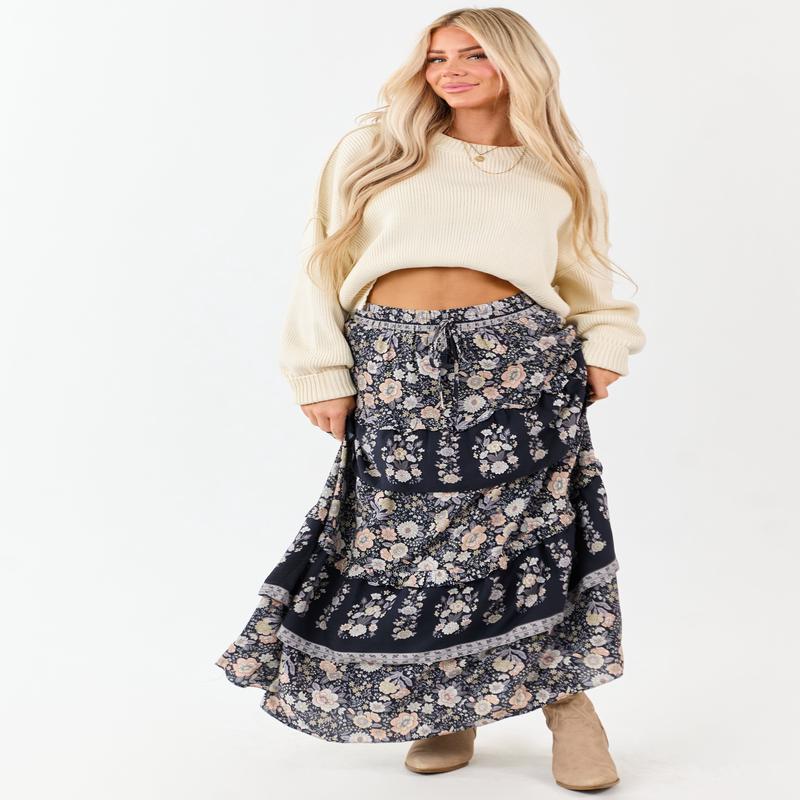 Navy Floral Print Ruffle Tiered Maxi Skirt